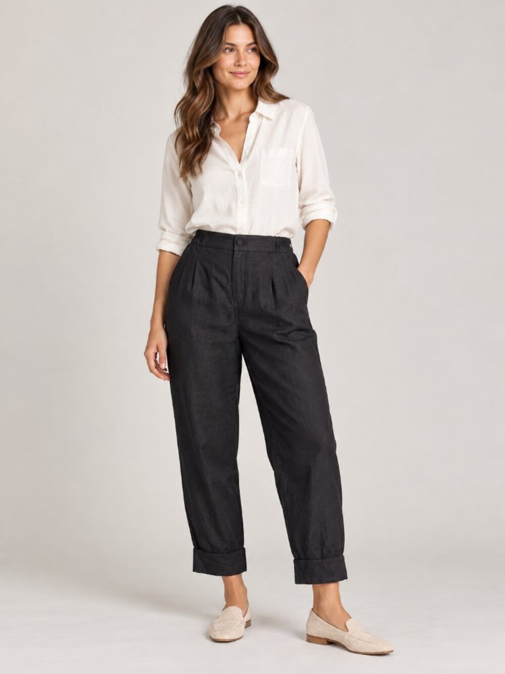 Tennis 100% Linen Black Pleated Cuffed Ankle Pants Women's Small